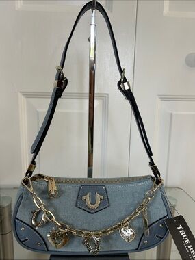 NWT True Religion Light Blue Denim Shoulder Bag with Silver Chain Charms
